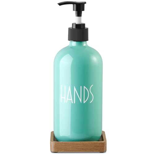 Turquoise Glass Hand Soap Dispenser with Acacia Wood Tray, 16 oz Refillable Hand Soap Pump Bottle, Decorative Teal Countertop Soap Dispenser Set for Kitchen, Bathroom, Restaurant - color: Turquoise-hand