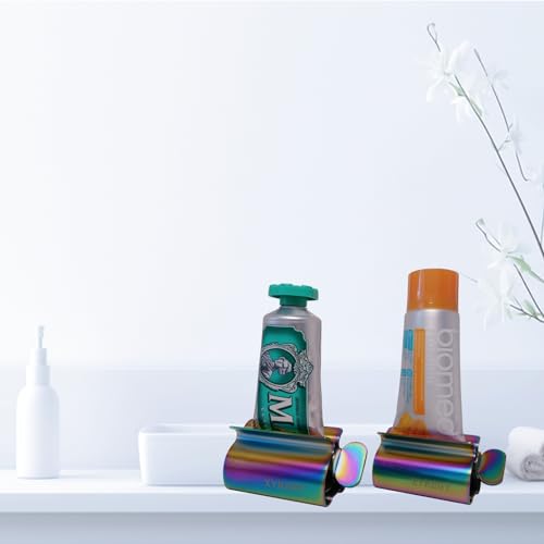 XYKEEY Toothpaste Tube Squeezer - Set of 2 Toothpaste Squeezer Rollers, Metal Toothpaste Tube Wringer Seat Holder Stand (Iridescent) - color: Iridescent