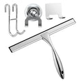 12'' Light Weight Stainless Steel Shower Squeegee for Glass Doors with 4 Pieces Set (1 Window Squeegee, 1 Door Hook and 2 Adhesive Hooks) Perfect Cleaning Tool for Car, Window, Bathroom Mirror