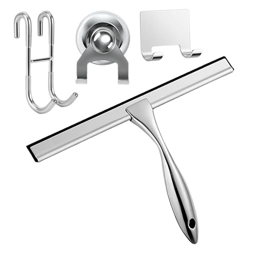 12'' Light Weight Stainless Steel Shower Squeegee for Glass Doors with 4 Pieces Set (1 Window Squeegee, 1 Door Hook and 2 Adhesive Hooks) Perfect Cleaning Tool for Car, Window, Bathroom Mirror