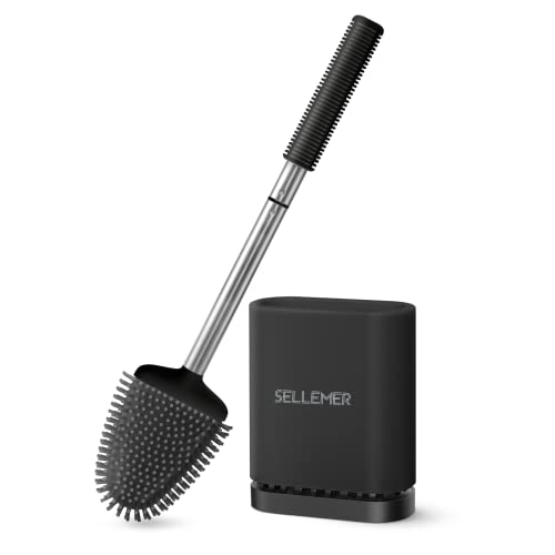 Sellemer Toilet Brush and Holder Set - Flexible Toilet Bowl Brush Head with Silicone Bristles, Compact Size for Storage and Organization, Ventilation Slots Base (1 Pack, Black) - color: Black-1pcs