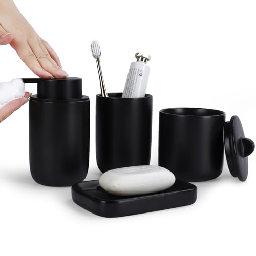 BosilunLife Ceramic Bathroom Accessories Sets Complete Bathroom soap Dispenser and Toothbrush Holder Set (Black-Foam) - color: Smooth-black-foam