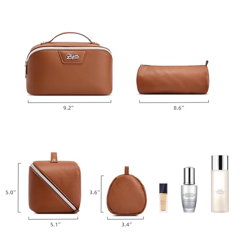 BOYATU Travel Makeup Bag Cosmetic Bags for Women: Large Capacity 3 Pcs Set Make up Bag with Compartments - Waterproof Vegan Leather Toiletry Organizer Bags with Handle (L25Brown) - color: L25Brown