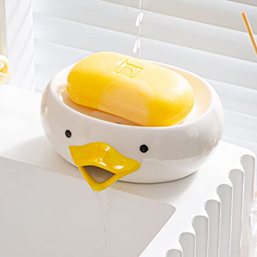 Soap Holder Ceramic Soap Dish with Drain Perforations, Cute Duck Styling Bar Soap Holder for Shower, Easy Cleaning Soap Saver Tray Decoration for Bathroom, Sinks, Kitchen (Duck.1)