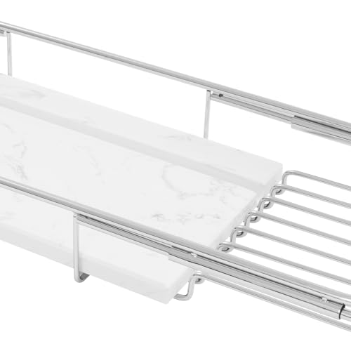 Stainless Steel Bathtub Tray with Removable Marble Board,Extendable Rectangular Bathtub Tray,Adjustable Bath Caddy Board for for Bath Bombs, Spa, Shower (Silver+White) - color: Silver+white