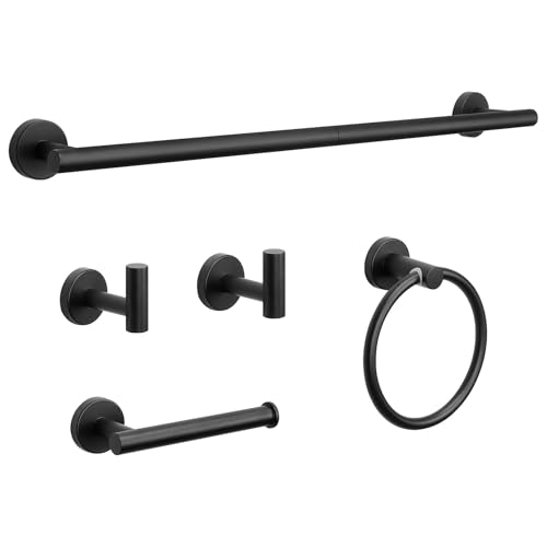 NearMoon 5 Pieces Bathroom Hardware Set SUS304 Thicken Stainless Steel-Towel Rack Kit Include 24" Towel Rod + Bath Towel Ring + Toilet Paper Holder + Robe Towel Hooks Bath Accessories (Matte Black) - color: Matte Black