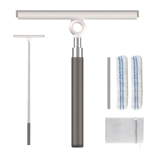 Shower Squeegee for Glass Doors, Telescopic 2-in-1 Squeegee for Window Cleaning with Microfiber Scrubber for Bathroom, Tile Wall, Car Windshield