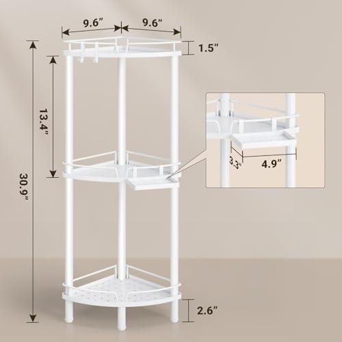 ELYKEN Corner Shower Caddy Standing, 3 Tier Rustproof Metal Shower Organizer with Soap Holder, Floor Shower Corner Shelf Rack Storage Stands with Adjustable Feet & 2 Hooks for Bathroom, White - color: White, size: 3 Tier