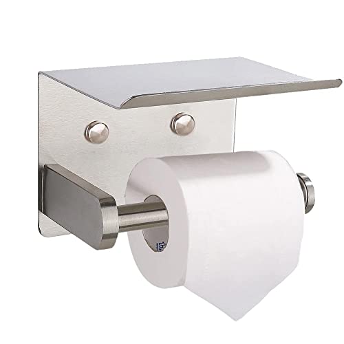 Self Adhesive Toilet Paper Holder with Phone Shelf Stainless Steel Wall Mounted Toilet Paper Roll Holder - Rustproof and Bathroom Washroom Tissue Roll Holder with Storage Shelf(Silvery) - color: Silver