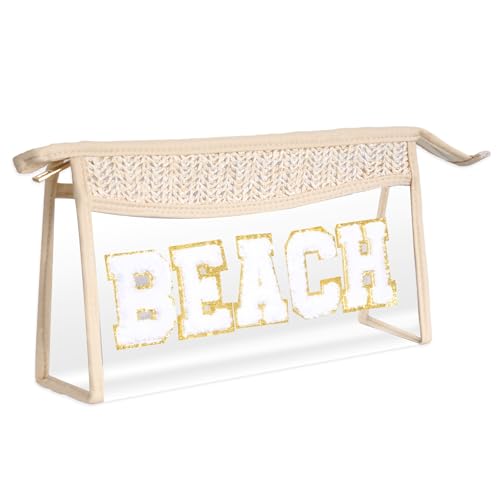 Boho Patch Cosmetic Bag with Zipper, Chenille Varsity Letter Makeup Bag, Clear Travel Pouch, Multi-purpose Small Toiletry Bag for Women Girls (Beach) - style: Beach