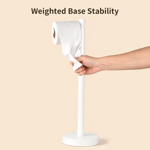 YUMORE Toilet Paper Holder Stand with Weighted Base, Matte White | Stainless Steel Design with Open-Arm Access for Bathrooms and Powder Rooms - color: White