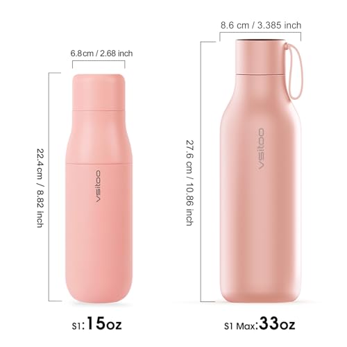 VSITOO S1 15oz Mini Insulated Stainless Steel Self-Cleaning Water Bottle | Mini 15oz Insulated Bottle for Purses & School Bags, With Auto Self-Cleaning, Touchscreen, 30-Day Battery & 24H Cold - color: Pink, size: 14.8 Ounces