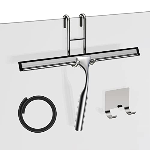 Shower Squeegee for Glass Door Stainless Steel Bathroom Squeegee Window Wiper, Includes Shower Door Hook, Adhesive Hook, and Spare Silicone Blade for Window Mirror Car 12-Inch - color: Silver, size: 12-inch