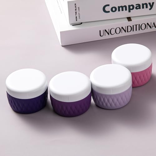 Kuangre Travel Containers for Toiletries, Silicone Cream Jars BPA-Free, TSA Approved 3oz Travel Size Containers, Leak-proof Silicone Jars with Lid for Cosmetic Face Hand Body Cream (4 Pack) - color: Purple, size: 3 Ounces