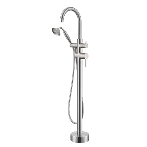 Wowkk Tub Filler Freestanding Bathtub Faucet Brushed Nickel Floor Mounted Brass Bathroom Tub Faucets with Hand Shower - color: Brushed Nickel