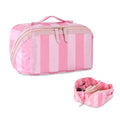 DYSHAYEN Stripe Travel Makeup Bag with Compartments Clear Coated Cosmetic Bag for Women, Waterproof Portable Open Flat Toiletry bag （Pink-Hot Pink） - color: Pink-Hot Pink