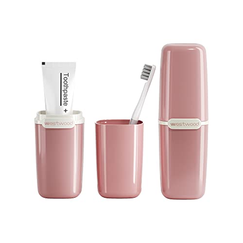 HyJeryty Simple Pink Toothbrush Travel Case, Portable Travel Toothbrush & Toothpaste Holder Cover Organizer Container with Mouthwash Cup for School, Camping, Business Trip, Bathroom Storage - color: Pink