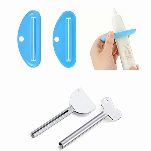 4 Pack Toothpaste Tube Squeezer Set, 2 Stainless Steel Metal Tube Wringers + 2 Hangable Plastic squeezers, Bathroom Toothpaste Key for Cream, Hair Dye, Paint, Reduce Waste Tool