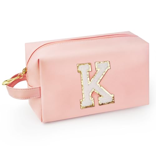 Personalized Initial Makeup Bag with Handle, Preppy Cosmetic Bag with Inner Zipper Pocket, 8 9 10 11 12 13 14 Years Old Girl, Graduation Gifts for Teen Girls Women Teachers (K, Pink) - color: Pink, style: K
