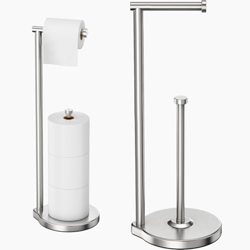 theaoo Heavy-Duty Toilet Paper Holder Stand – Modern Freestanding Bathroom Toilet Tissue Paper Roll Holder with Reserve & Storage, Stainless Steel (Silver, Free Standing) - color: Silver