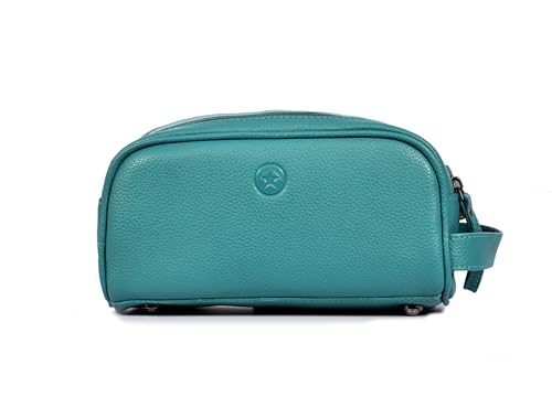 10" Premium Leather Toiletry Travel Pouch With Waterproof Lining | King-Size Handcrafted Vintage Dopp kit By Aaron Leather Goods (Steel Blue) - color: Steel Blue