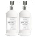 Vine Creations White Glass Soap Dispenser, 2 Pack Kitchen Soap Dispenser Set with Stainless Steel Pump, 16 oz Dish Soap and Hand Soap Dispensers for Bathroom with Waterproof Labels - color: Matte White Bottle / Silver Pump