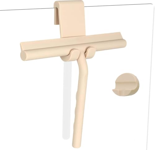 Shower Squeegee for Glass Doors, Full Silicone Jacketed Squeegee with Ergonomic Handle & No-Drill Hook, Cleaning Tool for Windows, Mirrors, Tiles, Bathroom & Car - Beige - color: Beige, size: without loop