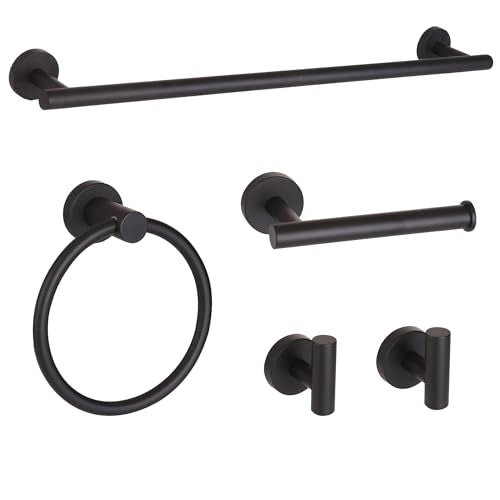 Matte Black Bathroom Hardware Set, Modern 24-Inch Towel Bar Set Wall Mounted, Towel Rack Set Black,Stainless Steel Bathroom Accessories Set Black,5-Pieces - color: Matte Black