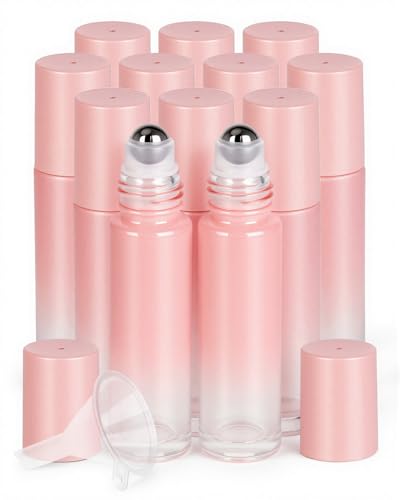 Worldgsb 12 Pack Essential Oil Roller Bottles, 10ml Refillable Glass Roller Bottles with Stainless Steel Roller Balls and Caps for Travel, Perfume and Lip Gloss Pink Gradient - color: Pink-Gradient, style: 12 Pack