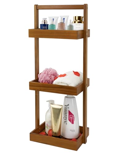 Utoplike Teak Shower Caddy Corner, 3 Tier Standing Shower Organizer Shelf with Handle, Wood Bathroom Stand Up Caddy Basket for Shampoo, Rack for Inside Shower, Bath, Office, Kitchen Desktop - color: 3 tier