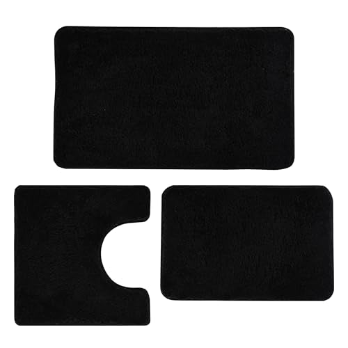 3 Pieces Luxury Bathroom Rug Set with U-Shaped Toilet Rug, Non-Slip Rubber Bottom, Thick Microfiber Fluffy Plush, Water Absorption, Quick Dry, Ultra Soft, Bath Mats for Bathroom, Tub(Black) - color: Black