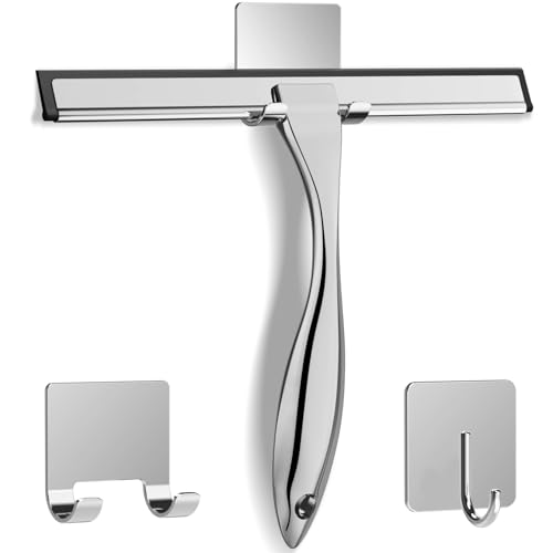 All-Purpose Stainless Steel Shower Squeegee for Shower Glass Door with 2 Adhesive Hooks, Bathroom Cleaner Tool Household Window Mirror Squeegee for Glass Doors, Cleaning Tile Wall, Car, 14 Inch Silver - color: Silver, size: 14 Inch
