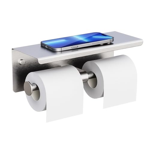 FreshGlow Double Toilet Paper Holder with Shelf, Wall Mount Tissue Roll Holder for Bathroom, 304 Stainless Steel Commercial Toilet Paper Dispenser with Phone Shelf, Brushed Nickel - color: Brushed Nickel