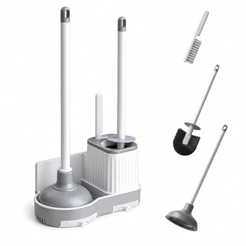 3-in-1 Toilet Brush and Plunger Set with Hidden Holder, Vented Stand & Drip Tray, Hangable or Freestanding, 360° Deep-Clean Brush Head + Gap Brush, Shatter-Resistant Handles（White）