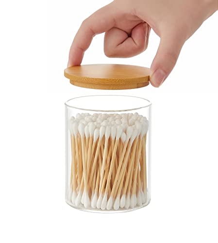 INIUNIK Glass Qtip Holder Dispenser with Bamboo Lid - 2 Pack Apothecary Jars - Cotton Balls Pads Swabs Holder Jar - Bathroom Vanity Canisters Jars for Countertop Storage and Organization - size: 2 Pack