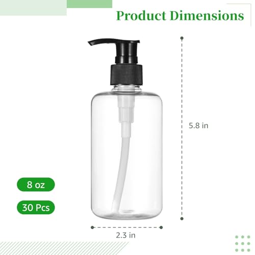30 PCS Empty Lotion Bottles with Pump, 8 oz/250 ml, Clear | Refillable Plastic Design, Portable Travel Use, For Shampoo, Conditioner, Cream, Liquid Soap And Hand Dish Soap - color: Clear