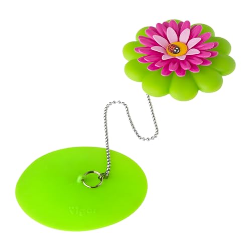 Vigar Flower Power Bathtub Drain Stopper with Chain - Universal Tub Stopper Bathtub Plug for Tub Drain, Decorative Daisy Bath Tub Stopper for Bathroom Sink Accessories and Tubs, Bath Plug - Pink Green