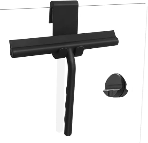 Shower Squeegee for Glass Doors, Full Silicone Jacketed Squeegee with Ergonomic Handle & No-Drill Hook, Cleaning Tool for Windows, Mirrors, Tiles, Bathroom & Car - Black - color: Black, size: without loop