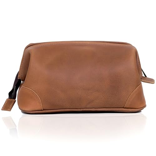 HLC Leather Toiletry Bag for Men Best Gift Premium Genuine Leather Dopp Kit Shaving Kit Organizer Travel Kit Pouch Bag for Men Large Size (TAN) - color: Tan