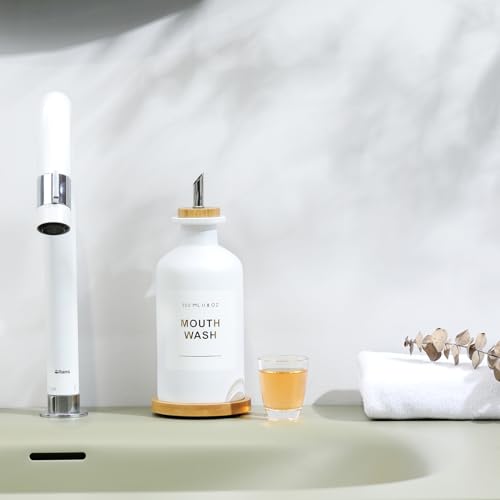 11.8OZ Mouthwash Dispenser for Bathroom with Bamboo & Stainless Steel Pour Spout, Mouthwash Cup Reusable, Bamboo Tray, and Elegant Gold Label. （White - color: White/350*1