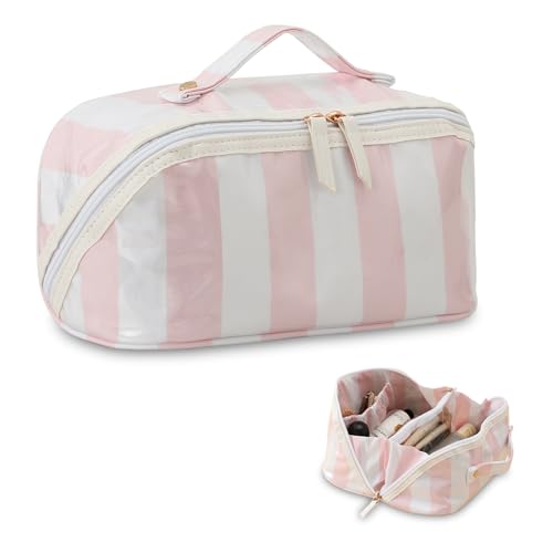 DYSHAYEN Stripe Travel Makeup Bag with Compartments Clear Coated Cosmetic Bag for Women, Waterproof Portable Open Flat Toiletry bag （White-Pink） - color: White-Pink