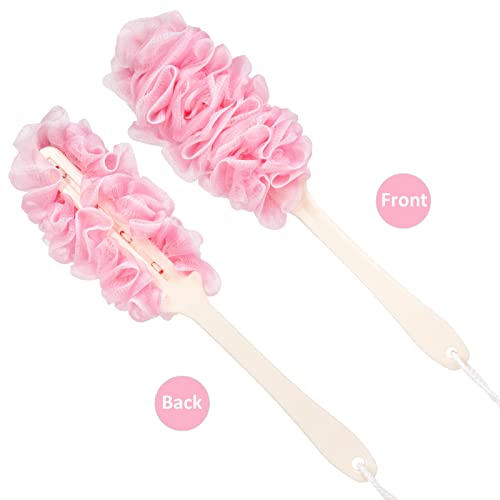 Lufa Back Scrubber for Shower, Anti-Slip Long Handle Bath Sponge Shower Brush, Soft Nylon Mesh Back Cleaner Washer, Loofah on a Stick Body Brush for Women&Men (Pink)