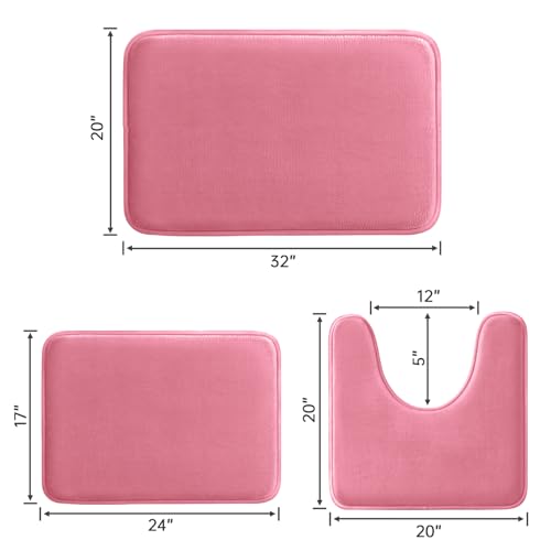 HUXMEYSON Bathroom Rugs Sets 3 Piece, Ultra Soft Velvet Memory Foam Bath Rugs, Non-Slip & PVC Backing Bathroom Mat Set, Washable Quick Dry Bath Rug - Pink - color: Pink, size: 17"x24"+20"x32"+U Shape 20"x24"
