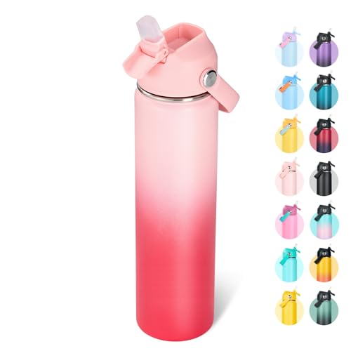 Fijinhom 24oz Insulated Stainless Steel Water Bottle, Wide Mouth Double Wall Vacuum, Silicone Straw, Sweat & Leak Proof, BPA Free Insulated Water Flask for Travel, Keep Cold 24h Hot 12h, Pink Gradient - color: Pink Gradient, size: 24 Ounces