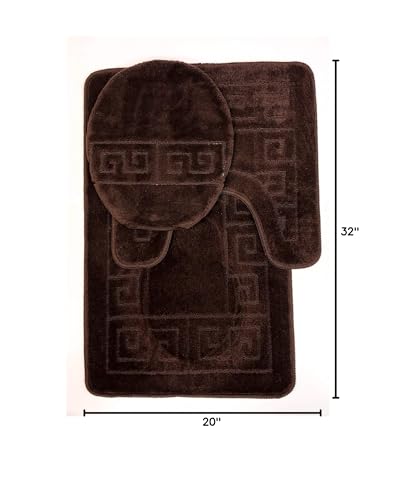 3 Piece Bath Rug Set Pattern Bathroom Rug (20"x32")/Large Contour Mat (20"x20") with Lid Cover (Brown) - color: Brown