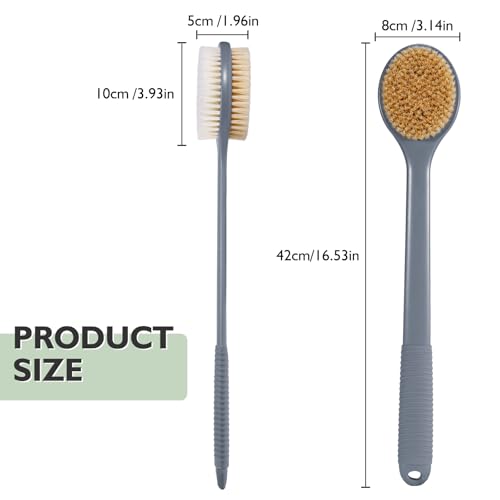 VANZAVANZU 17 Inch Anti-Slip Long Handle Back Scrubber for Shower – Dual-Sided Shower Brush and Shower Back Scrubber with Soft and Stiff Bristles for Wet or Dry Brushing (Gray) - size: 17 in - Gray