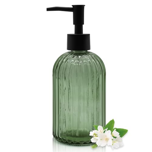 14oz Green Glass Soap Dispenser with Black Pump – Refillable for Hand Soap, Dish Soap, Lotion, Suited for Kitchen, Bathroom & Laundry Room (Olive Green) - color: Olive Green