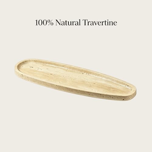 Natural Travertine Vanity Tray, 16.6"x4.6" Real Marble Decorative Tray for Bathroom Countertop & Home Decor, Catchall Organizer for Jewelry, Candles, Cosmetics & Perfume（Travertine） - color: Beige