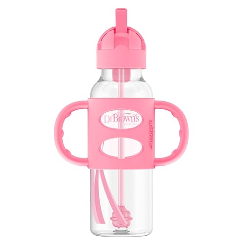 Dr. Brown's Milestones Narrow Sippy Straw Bottle, Spill-Proof with 100% Silicone Handles and Weighted Straw, 8 oz/250 mL, Pink, 6m+ - color: Pink, size: 1 Count (Pack of 1)