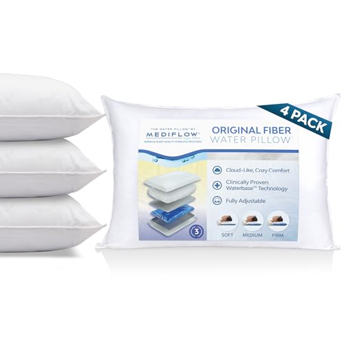 Mediflow Fiber Water Pillow - Adjustable Bed Pillow for Neck Pain Relief, Ideal for Side, Back, and Stomach Sleepers, Clinically Proven for Comfort and Support (4 Pillows) - size: Family Pack (4 Pillows)